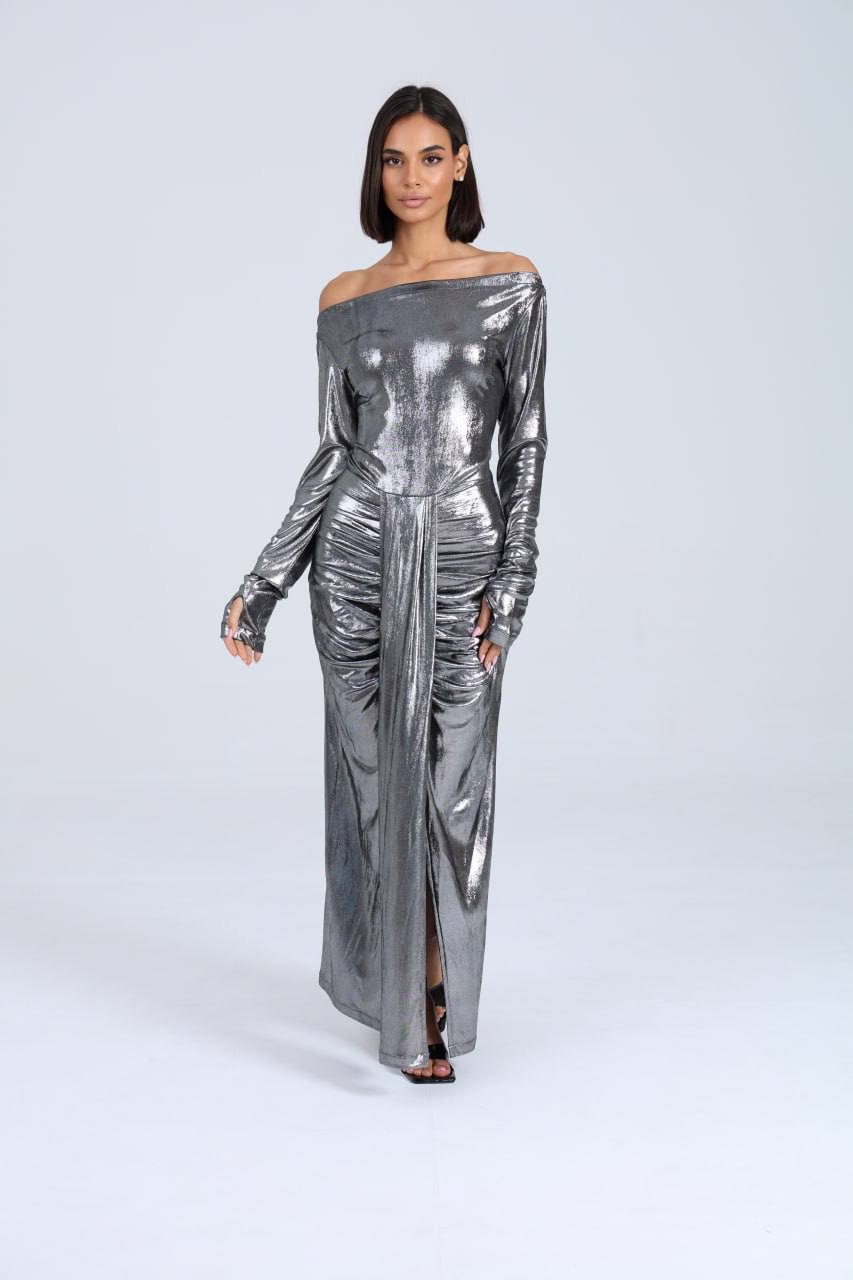 Cosmic Dior Lamé Off-Shoulder Dress