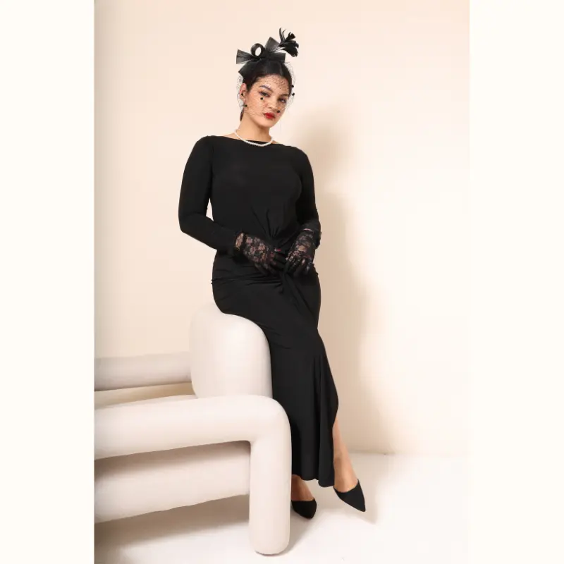 Long-Sleeve Lycra Dress with Front Ruching Black (2) Long-Sleeve Lycra Dress with Front Ruching Black (2)