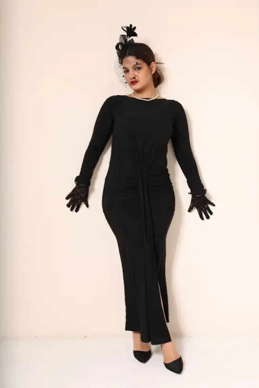Long-Sleeve Lycra Dress with Front Ruching - Black
