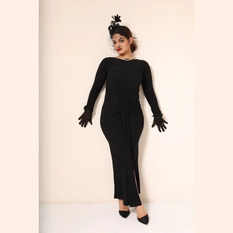 Long-Sleeve Lycra Dress with Front Ruching Black (4)