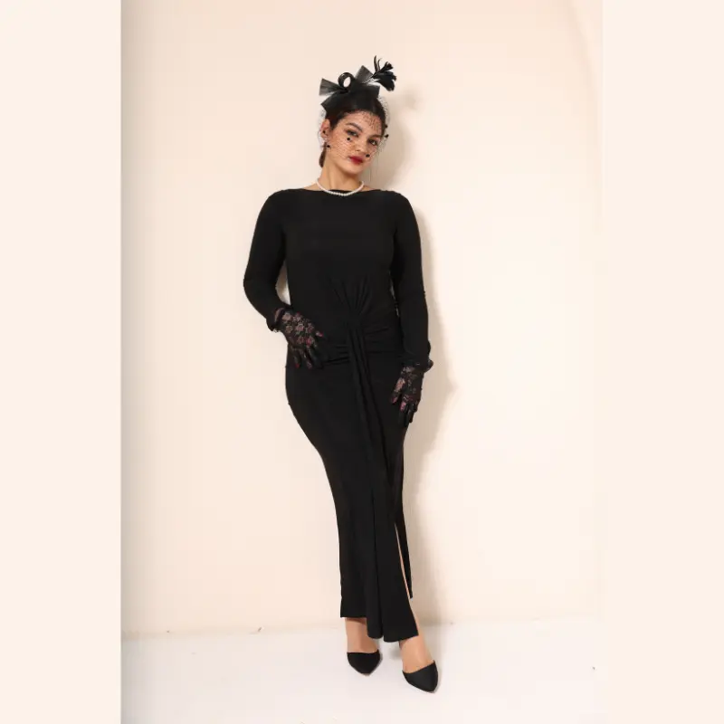 Long-Sleeve Lycra Dress with Front Ruching Black (5) Long-Sleeve Lycra Dress with Front Ruching Black (5)