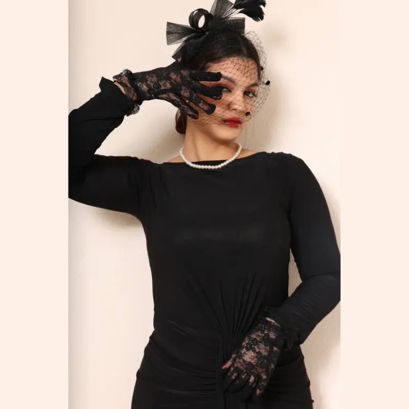 Long-Sleeve Lycra Dress with Front Ruching Black (6) Long-Sleeve Lycra Dress with Front Ruching Black (6)