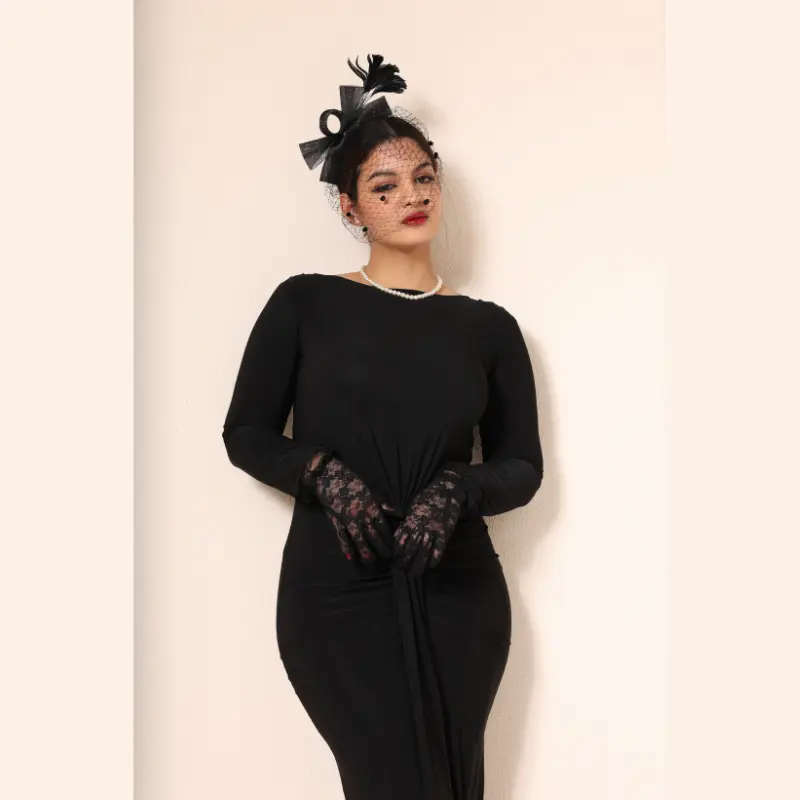 Long-Sleeve Lycra Dress with Front Ruching Black (7) Long-Sleeve Lycra Dress with Front Ruching Black (7)