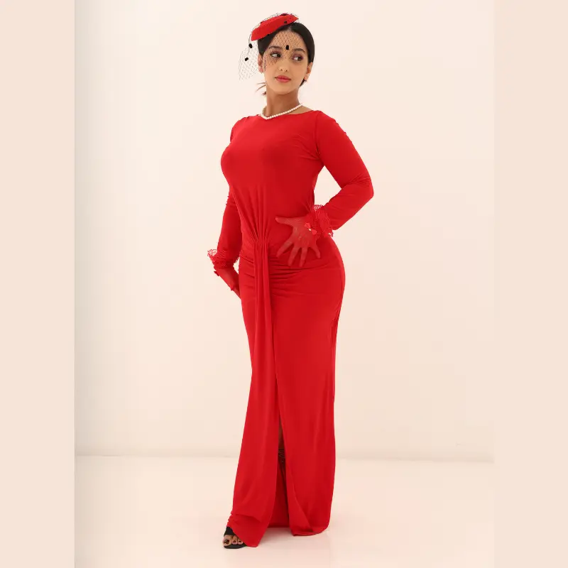 Long-Sleeve Lycra Dress with Front Ruching - Red (1)