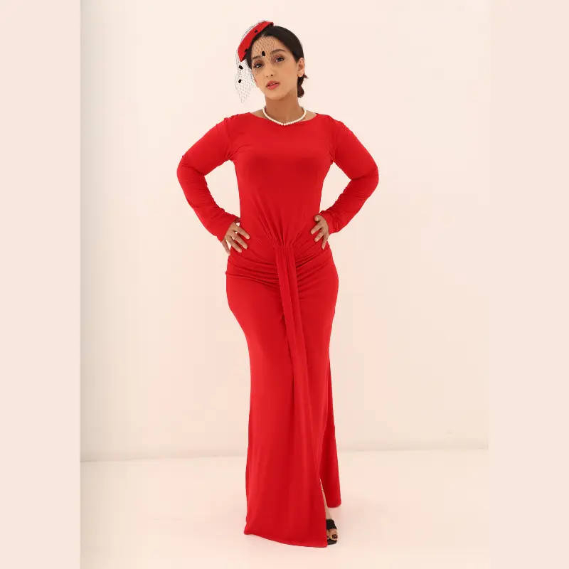 Long-Sleeve Lycra Dress with Front Ruching - Red (4)