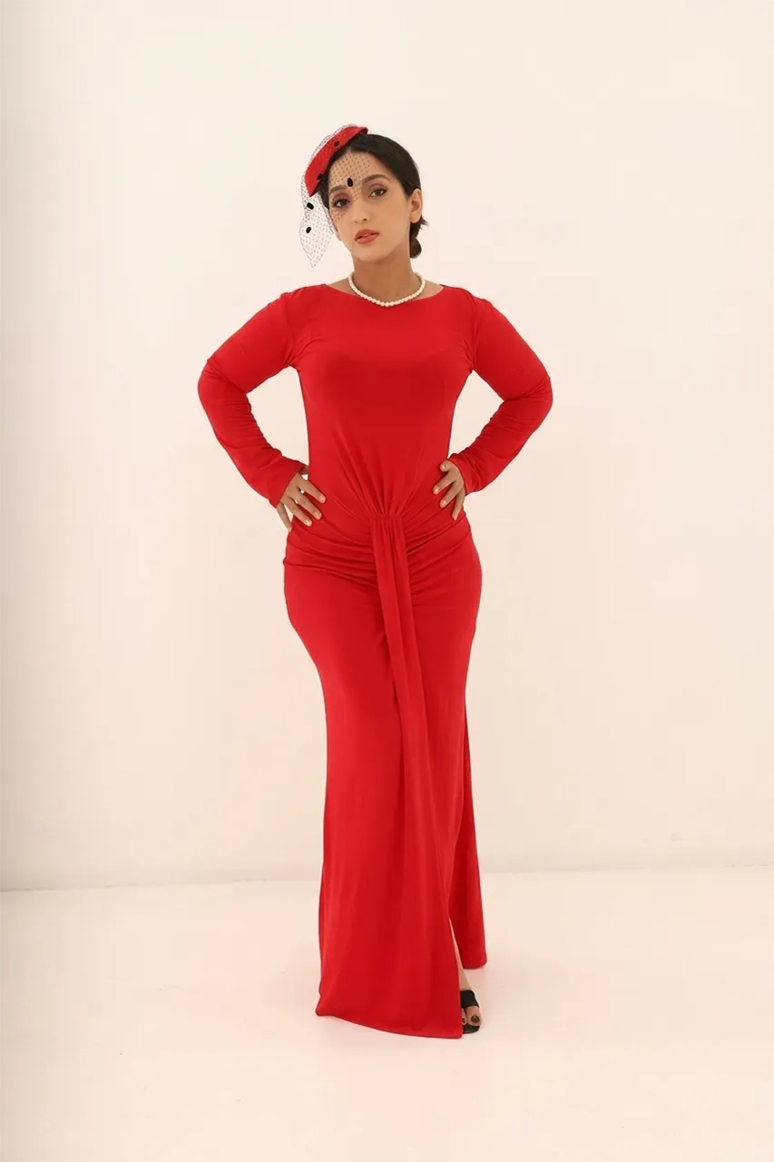 Long-Sleeve Lycra Dress with Front Ruching – Red