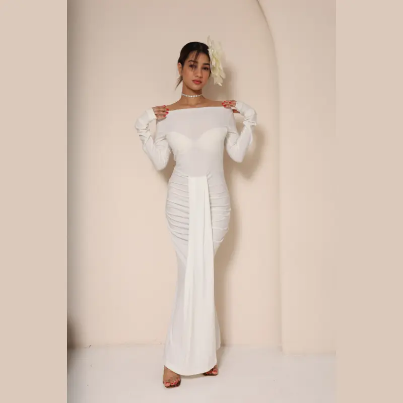 Lycra Off-Shoulder Evening Dress White (4) Lycra Off-Shoulder Evening Dress White (4)