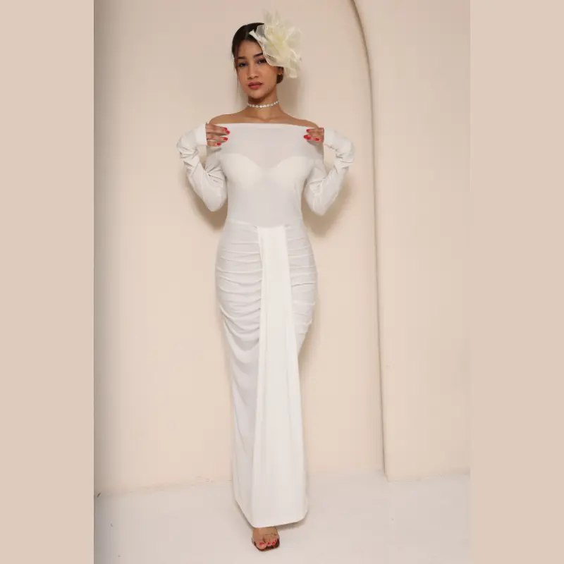 Lycra Off-Shoulder Evening Dress White (5) Lycra Off-Shoulder Evening Dress White (5)