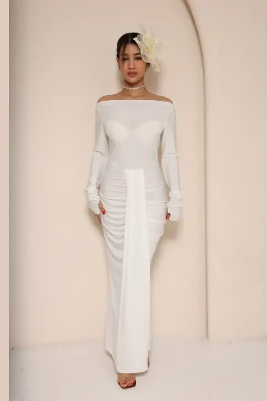 Lycra Off-Shoulder Evening Dress White